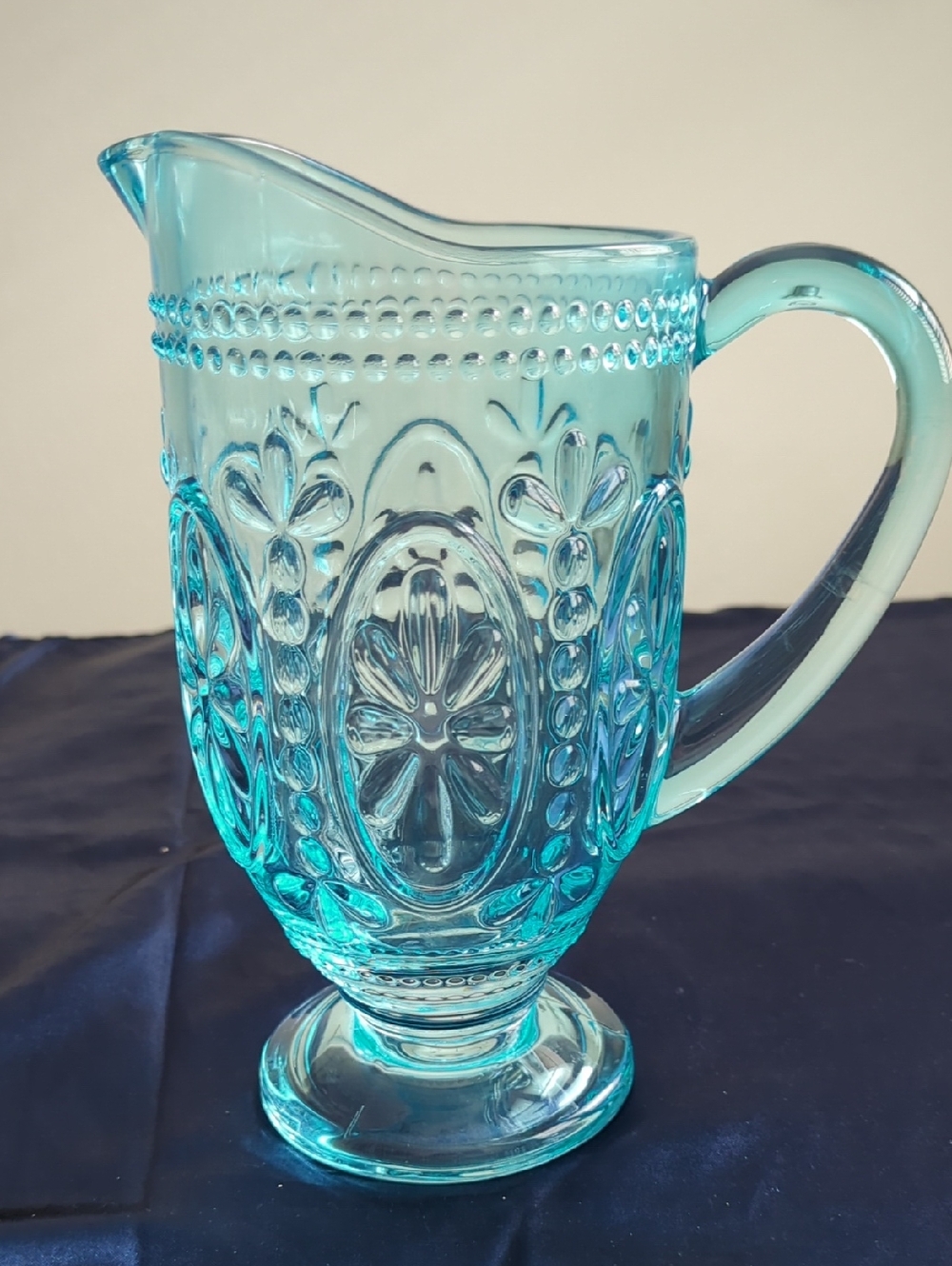 Embossed Blue Pressed Glass Pitcher